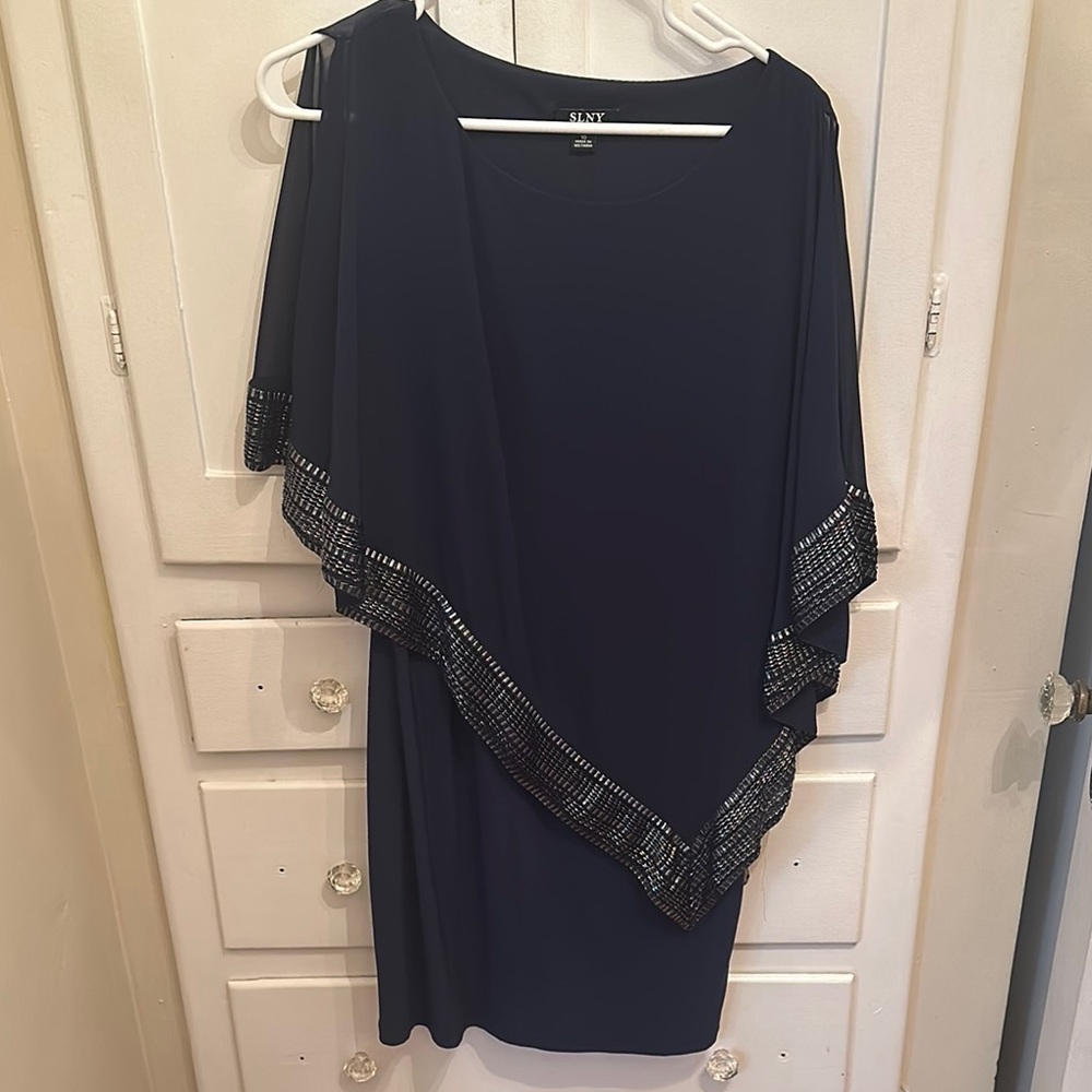 SLNY Women's Navy Dress with Embellished Sleeves
